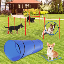 Load image into Gallery viewer, Dog Agility Equipment Set. Indoor/Outdoor Obstacles For Direction Training With 2 Tunnels, 2 Hoop Jumps, A Pole Jump, Weaves, & Square Pause Box.