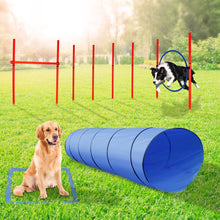 Load image into Gallery viewer, Dog Agility Equipment Set. Indoor/Outdoor Obstacles For Direction Training With 2 Tunnels, 2 Hoop Jumps, A Pole Jump, Weaves, & Square Pause Box.
