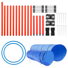 Load image into Gallery viewer, Dog Agility Equipment Set. Indoor/Outdoor Obstacles For Direction Training With 2 Tunnels, 2 Hoop Jumps, A Pole Jump, Weaves, & Square Pause Box.