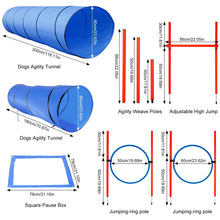 Load image into Gallery viewer, Dog Agility Equipment Set. Indoor/Outdoor Obstacles For Direction Training With 2 Tunnels, 2 Hoop Jumps, A Pole Jump, Weaves, & Square Pause Box.