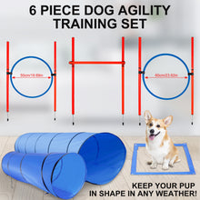 Load image into Gallery viewer, Dog Agility Equipment Set. Indoor/Outdoor Obstacles For Direction Training With 2 Tunnels, 2 Hoop Jumps, A Pole Jump, Weaves, & Square Pause Box.
