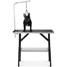 Load image into Gallery viewer, 36"/32" Bone Pattern Rubber Surface Folding Heavy Duty Stainless Steel Dog Grooming Table With Arm And Wire Shelf Included - godoggago