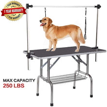 Load image into Gallery viewer, 36"/32" Bone Pattern Rubber Surface Folding Heavy Duty Stainless Steel Dog Grooming Table With Arm And Wire Shelf Included - godoggago