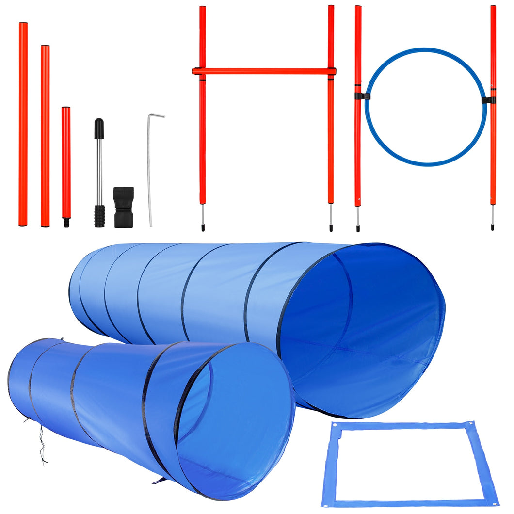 Dog Agility Equipment Set. Indoor/Outdoor Obstacles For Direction Training With 2 Tunnels, 2 Hoop Jumps, A Pole Jump, Weaves, & Square Pause Box.