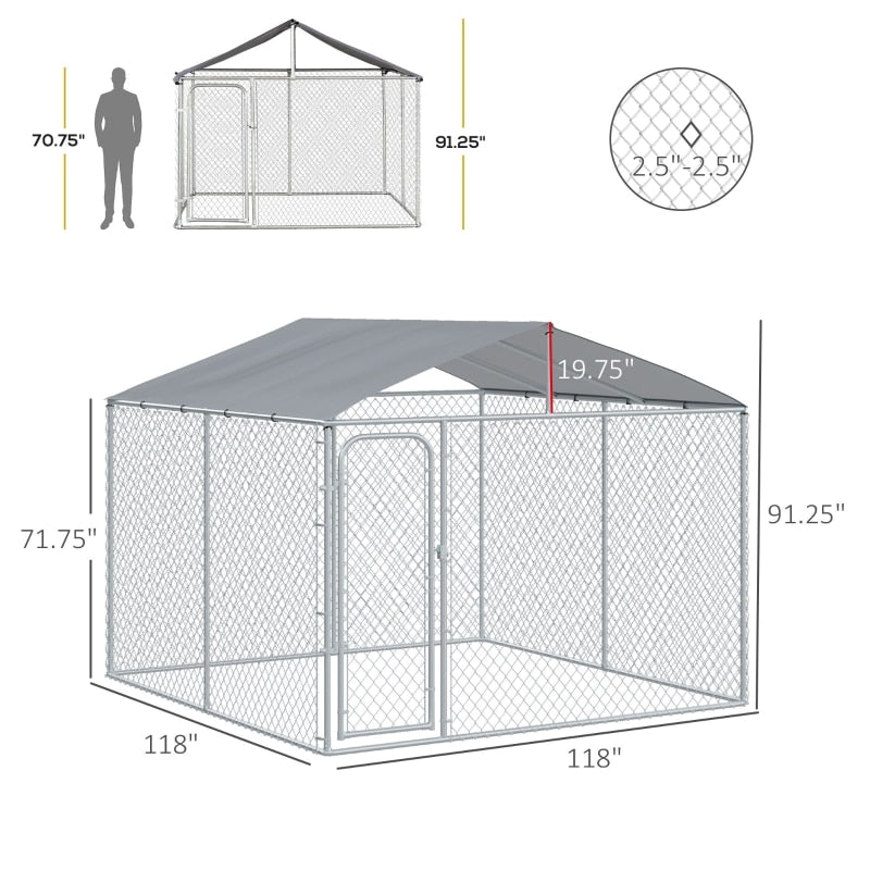 Heavy Duty Outdoor Dog Kennel with Galvanized Steel Frame & Canopy Top 10ft x 10ft x 6ft & Heavy Duty Lockable Door