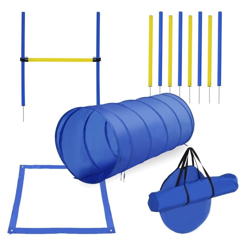 Dog Agility Starter Kit Includes Tunnel, Weave Poles, High Jump, & Sqauare Pause Box With Carrying Case