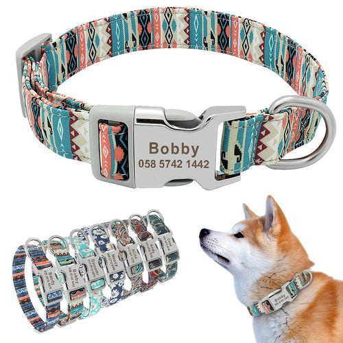 Customized Printed Nylon Dog Collar With Free Personalized Engraved ID for Sm/Med/Lg Dogs in 7 Styles - godoggago