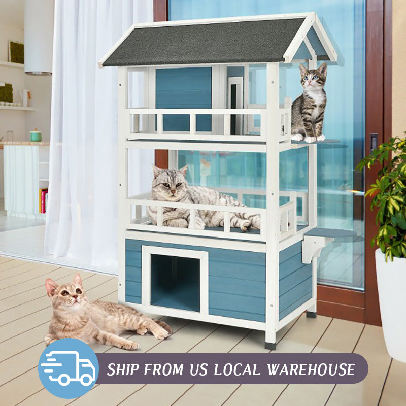 Indoor/Outdoor Cat/Dog 3 Story House Villa/Balcony Bed for Cats & Lower Cat/Dog/Puppy Bedroom Shelter/Kennel