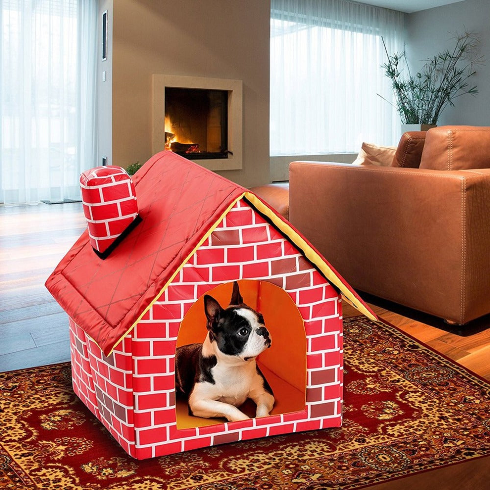 Portable Washable Warm And Cozy Cushion Brick Dog/Cat House With Chimney With Detachable Bed